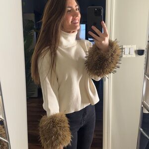 Women's Cream Sweater with Faux Fur Cuffs